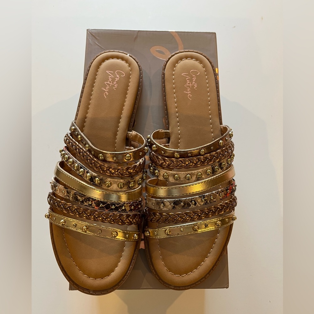 Crown Vintage Women's Metallic Gold Braided Stud Slide Sandals